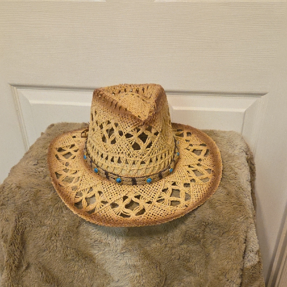 Stylish Tan Cowboy Hat with Turquoise Accents